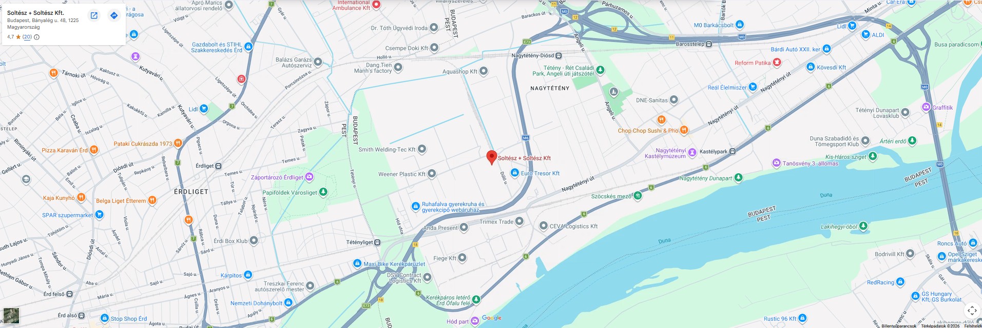 Map: Soltész + Soltész Ltd., 1225 Budapest, Bányalég utca 48., Hungary